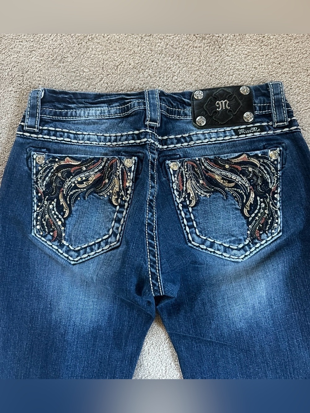 MiSS ME Rhinestone Embellished  Embroidery  Low Rise Skinny Women’s Jeans Sz 27